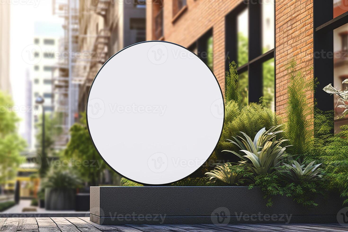 a blank white round metal sign mock up in modern urban with photo