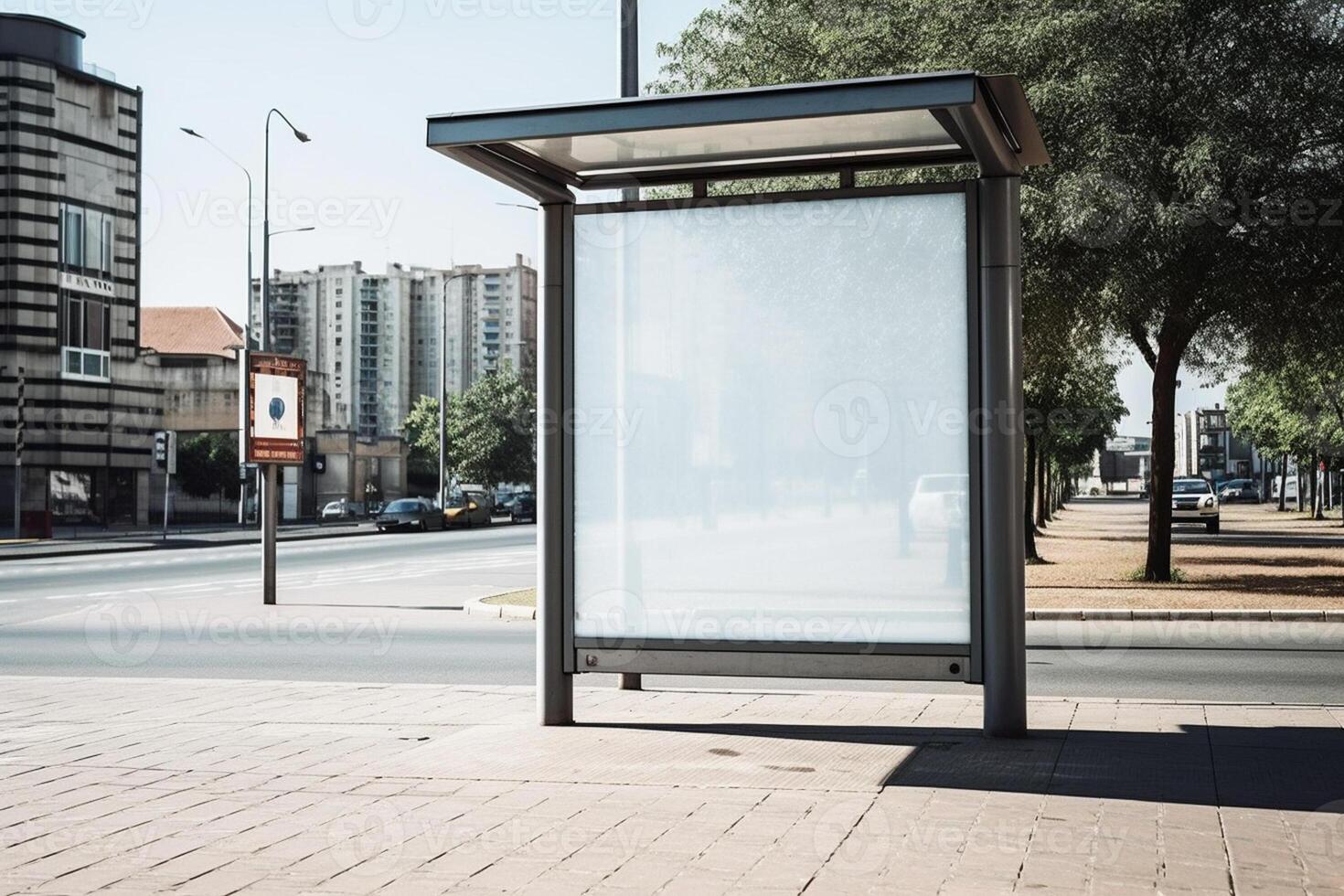 a bus stop with a large blank billboard on the pavement with photo