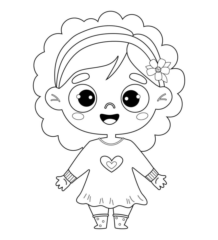 Cute kid girl. Outline drawing coloring book. Vector illustration. Childrens collection. Isolated funny kid character on white background.