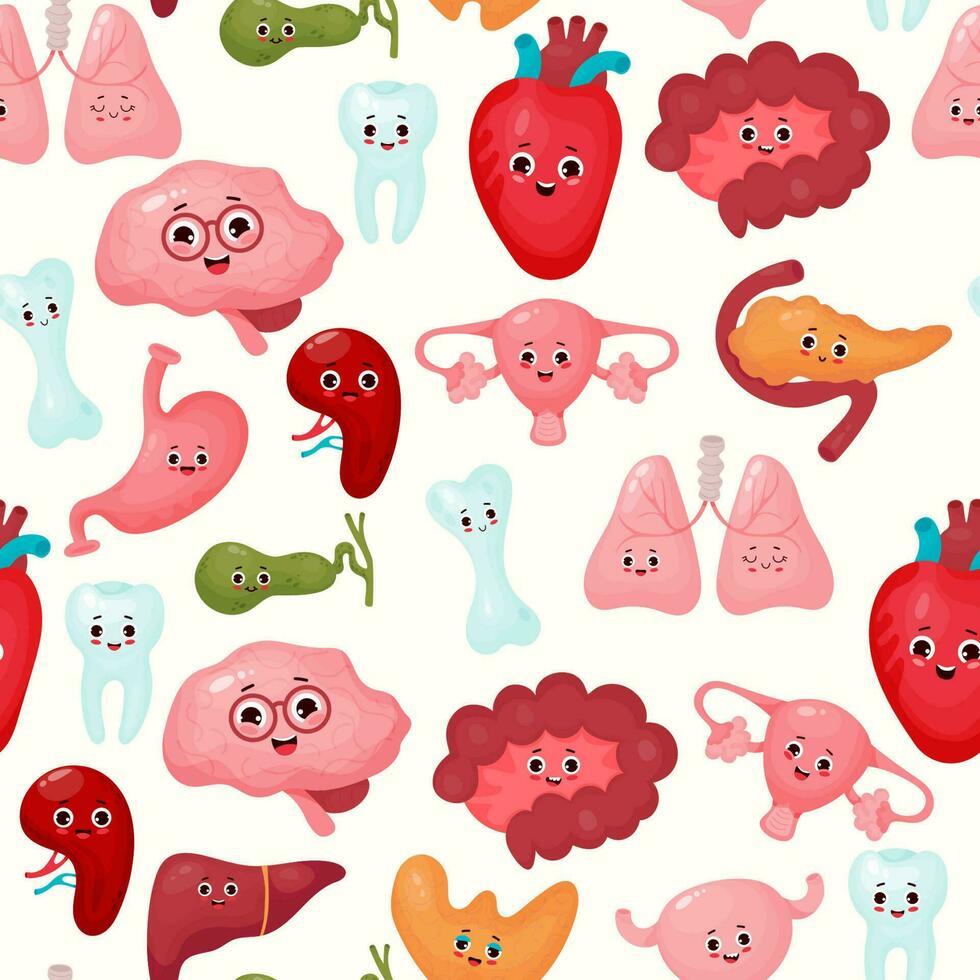 Seamless pattern with internal organs. Cute cartoon human organs characters kawaii on white background. Vector illustration.