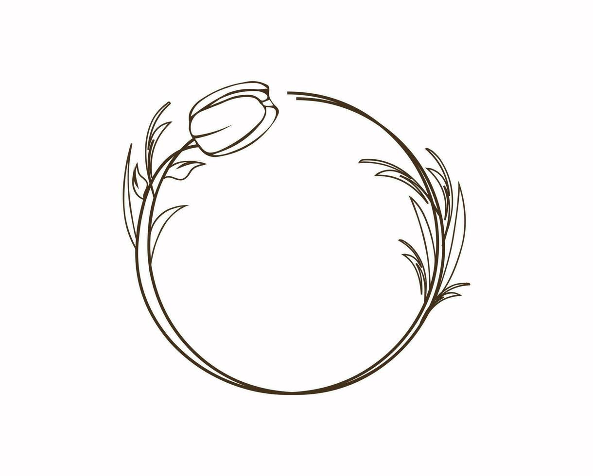 Round botanical frame element with laurel. Simple contour vector for packaging, corporate identity, labels, postcards, invitations