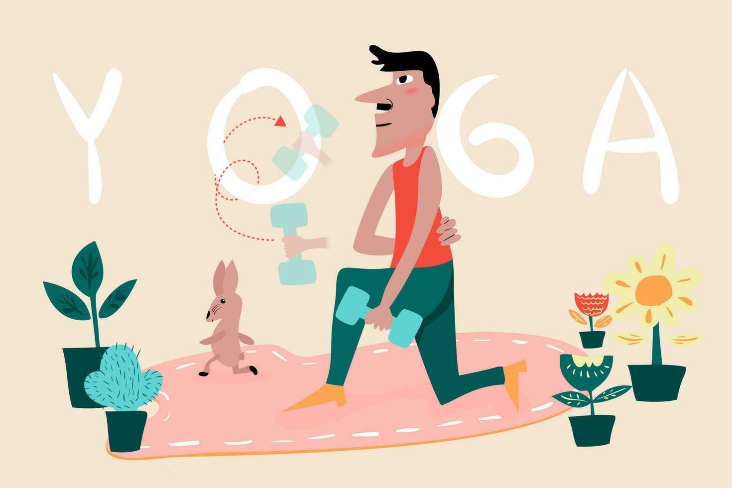 Old man doing kneeling lunges at home exercise. Yoga with dumbbell. Healthy lifestyle and wellness concept. Fitness and morning workout in cozy interior. How to keep fit indoors. Flat illustration vector
