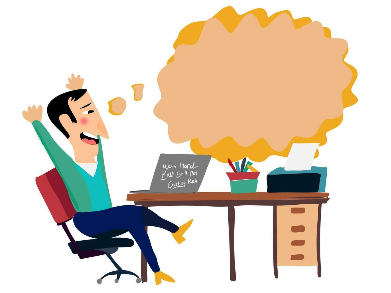 Chaos in office. Stressed worker with shock reaction. Surprised people look at laptop. Mess in workplace. Vector illustration concept in mid century modern retro vintage character style