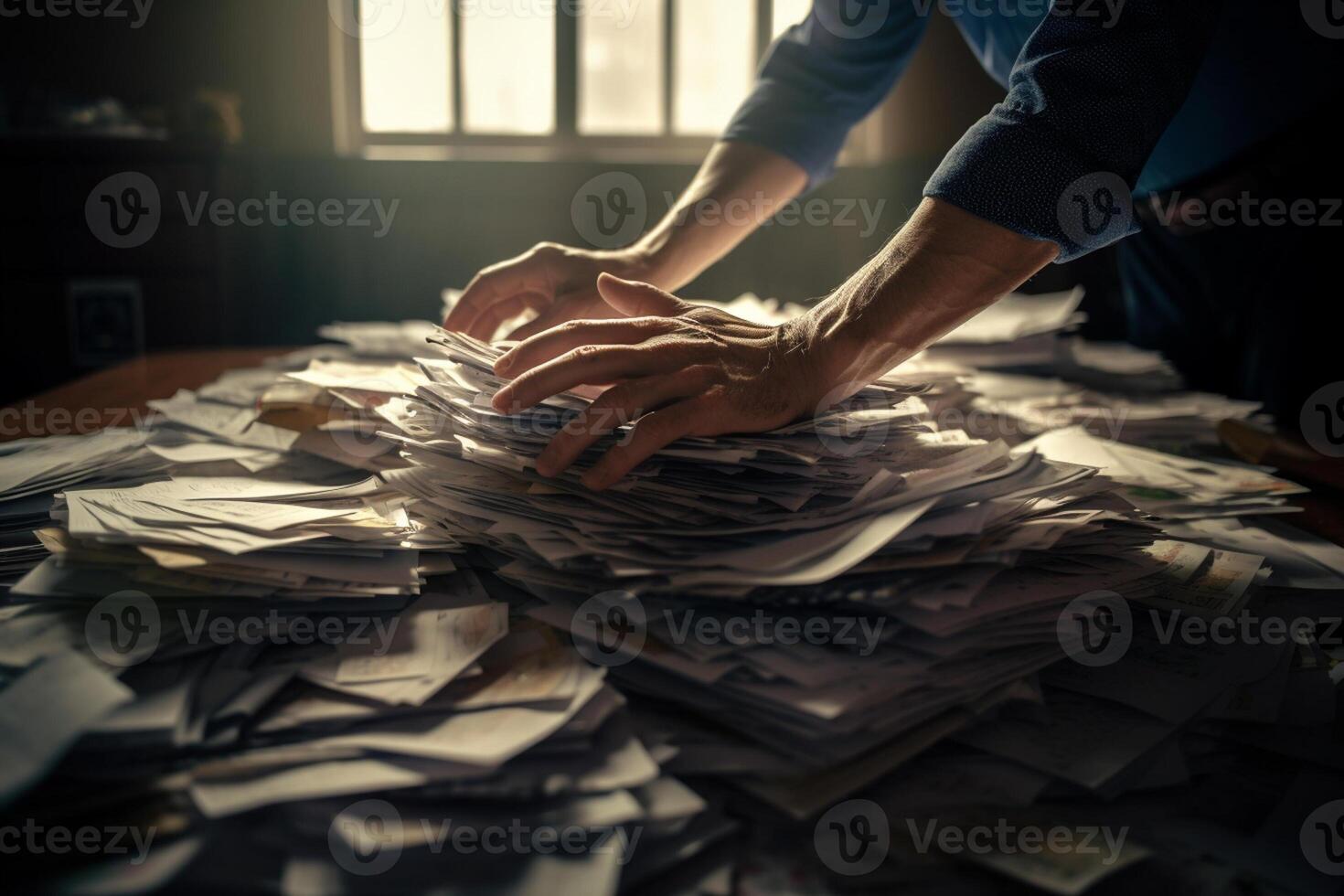 the hands of an office worker working with stacks of documents with photo