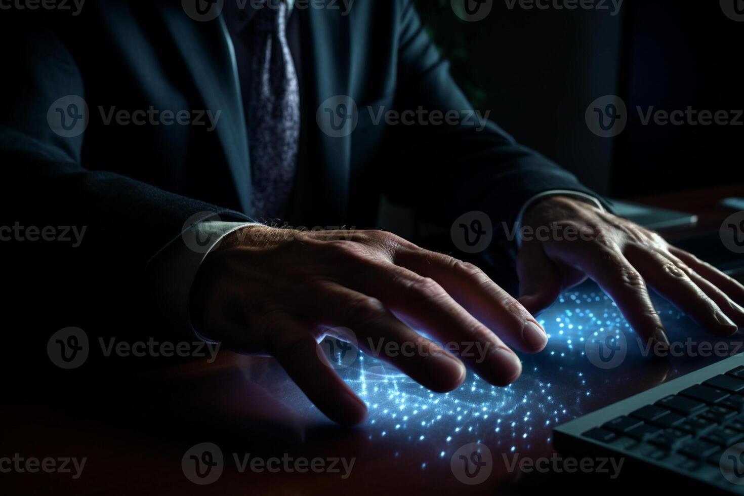 the hands of Businessman pressing on computer screen with photo