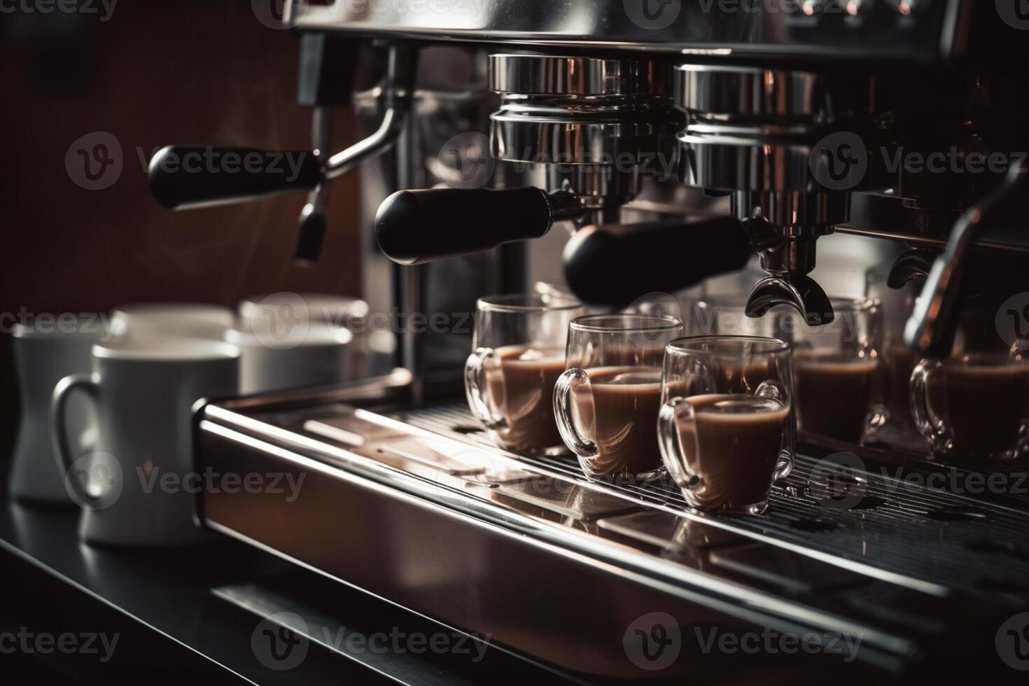 espresso machine dispenses coffee into cups on stainless steel espressor with photo