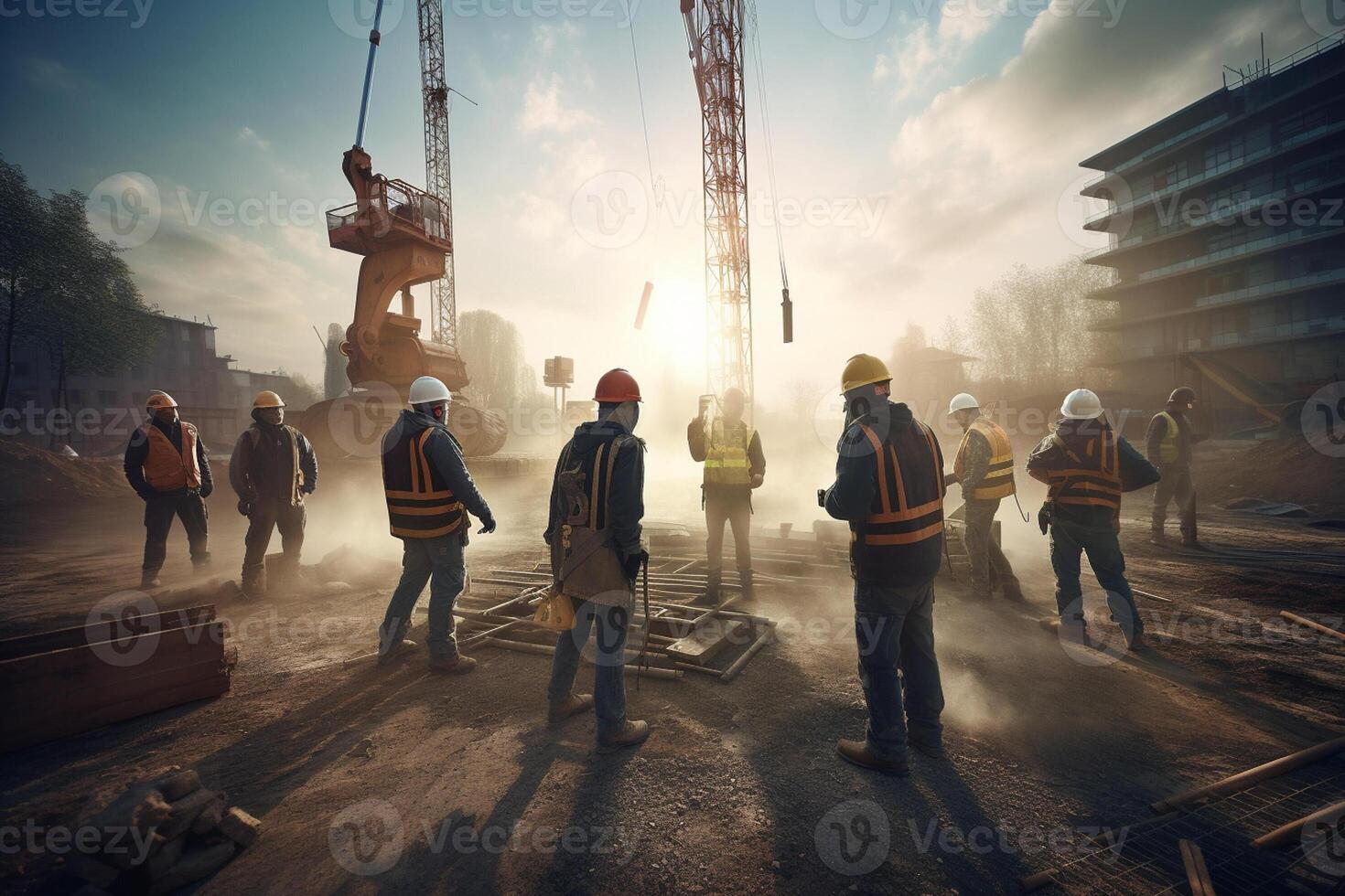 grupo de constructores trabajando a construcción sitio por tomando imágenes desde el espalda con generativo ai foto