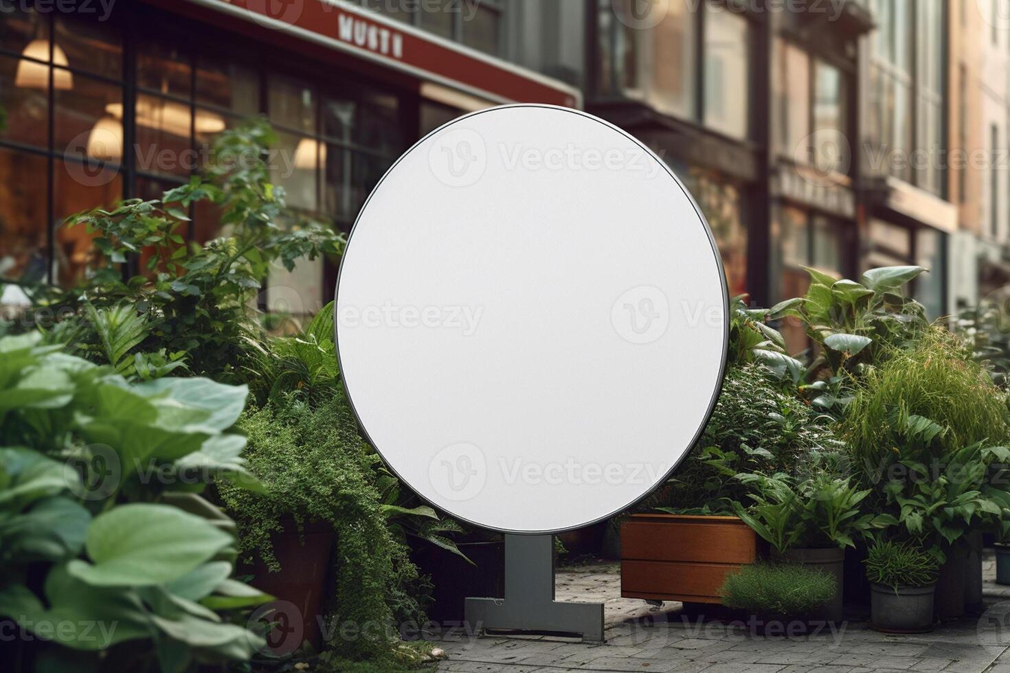 a blank white round metal sign mock up in modern urban with photo