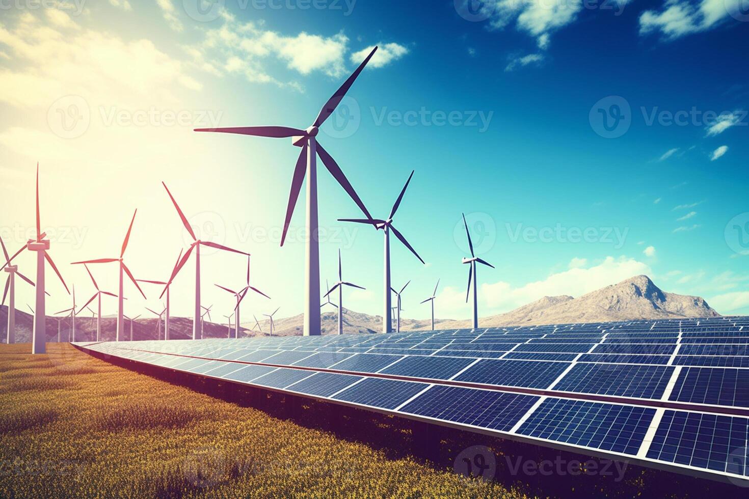 the solar power systems are set up with wind turbines with blue sky with photo