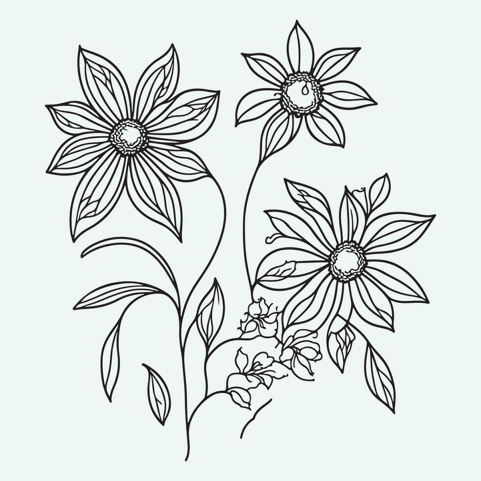 Hand Drawn Flower Black Outline Vector on White Background, Flower Vector, Flower Tattoo