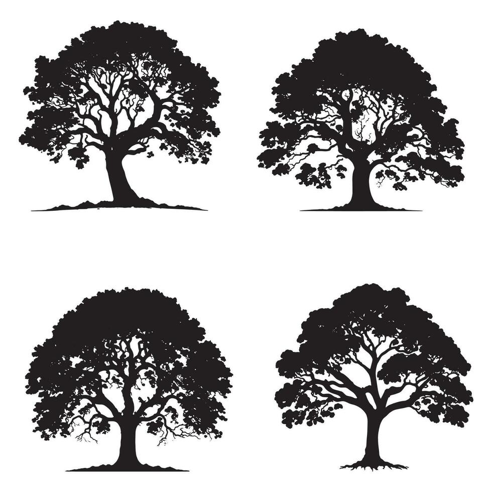 set of Banyan trees silhouettes. Big tree black silhouette vector