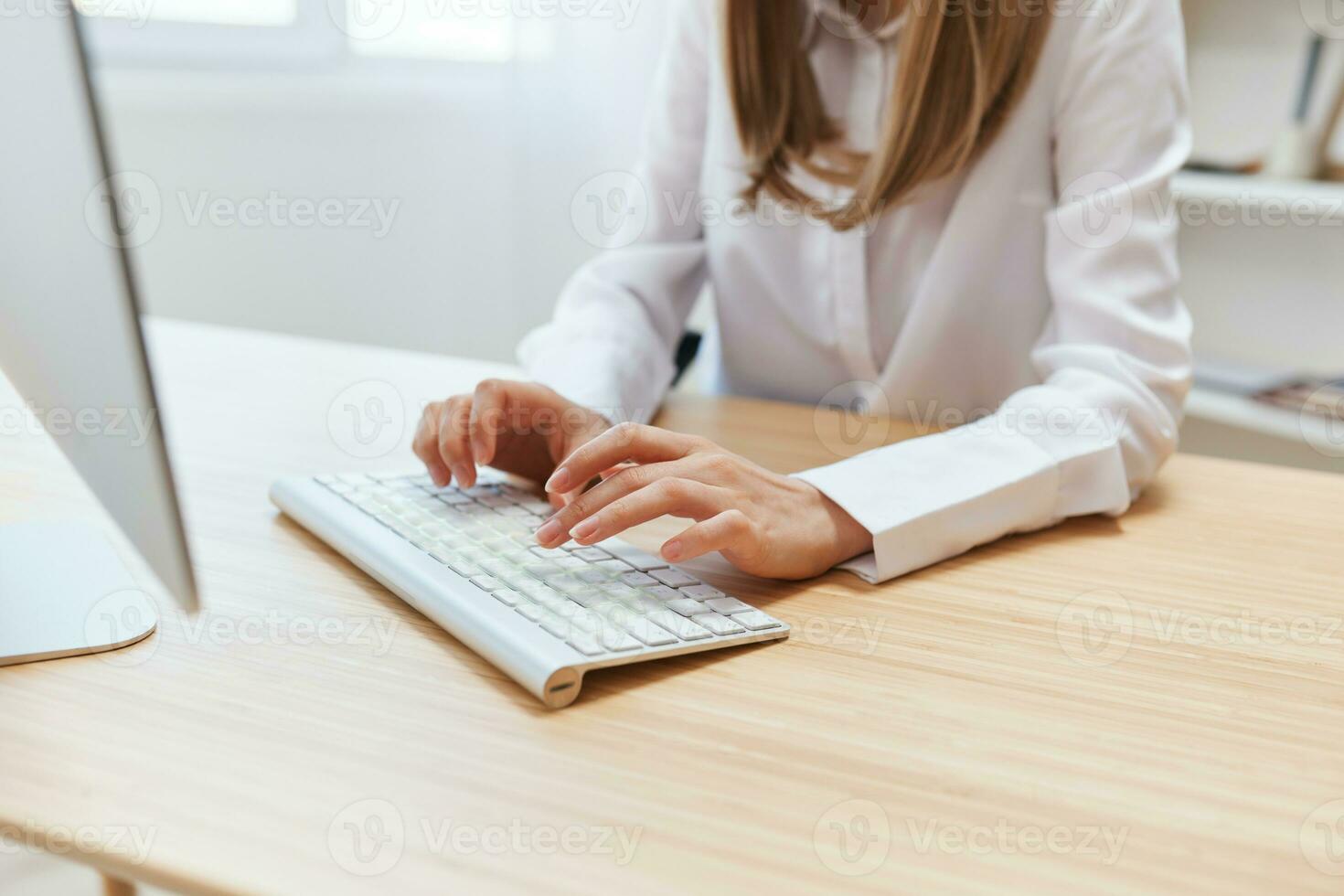 Closeup shot hands of businesswoman journalist office worker freelancer typing report doing documents on keyboard. Online communication, Remote job or Education. Copy space6 wide angle photo