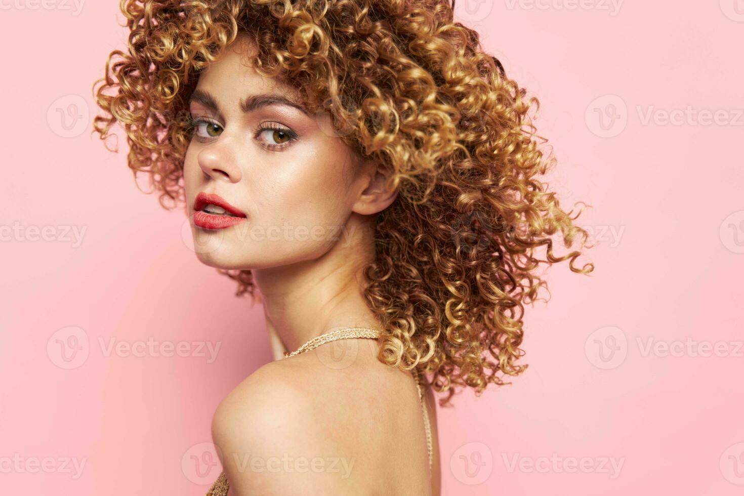 Woman portrait Attractive look red lips curly hair model charm photo