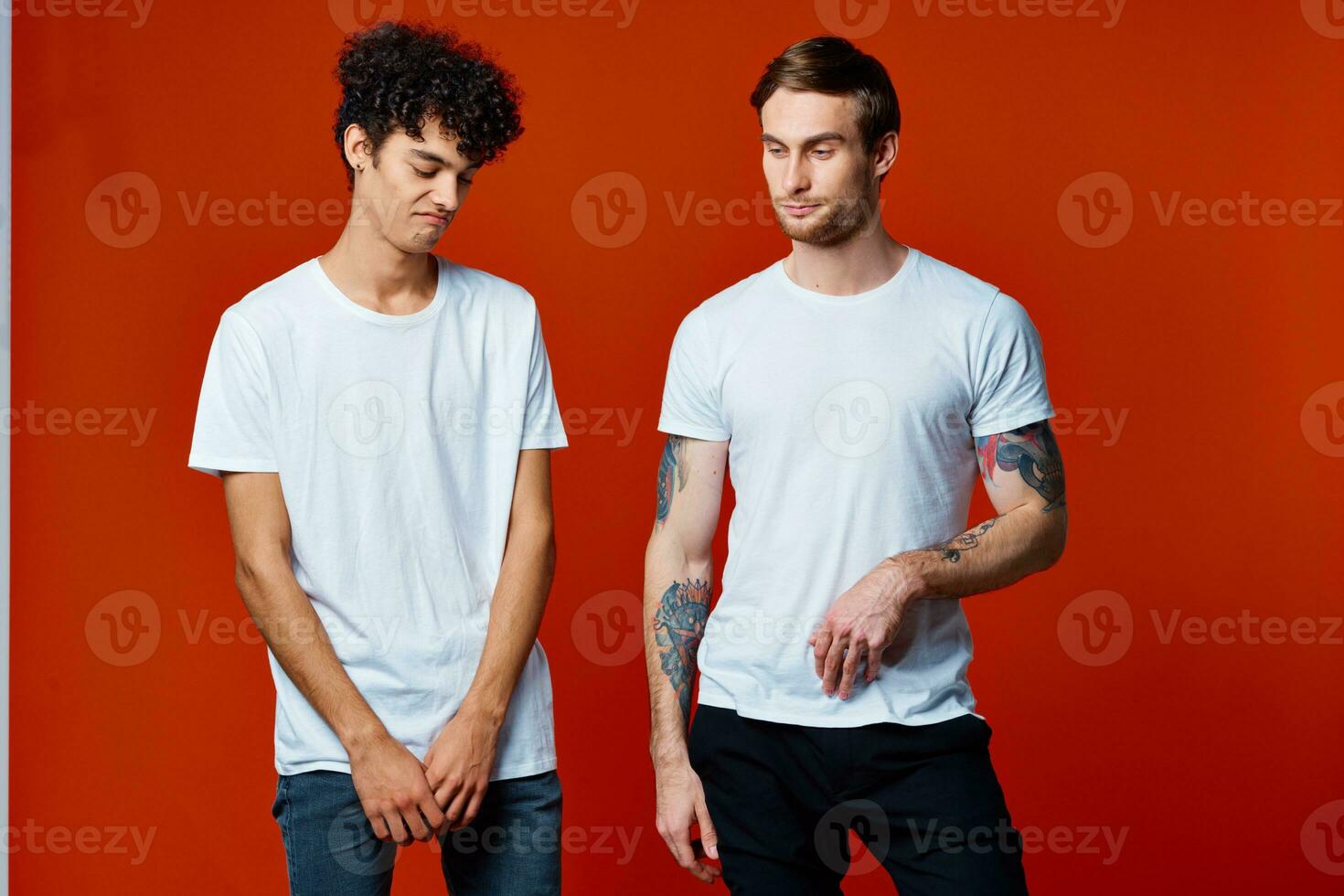 two friends t-shirt stand side by side on isolated background studio photo