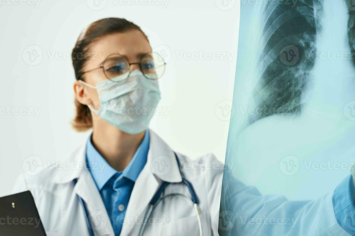 female doctor medical mask white coat work professional hospital photo