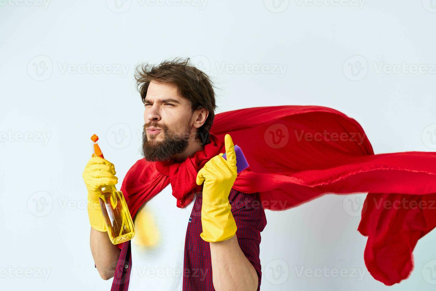 Man Red raincoat professional cleaning detergent homework photo