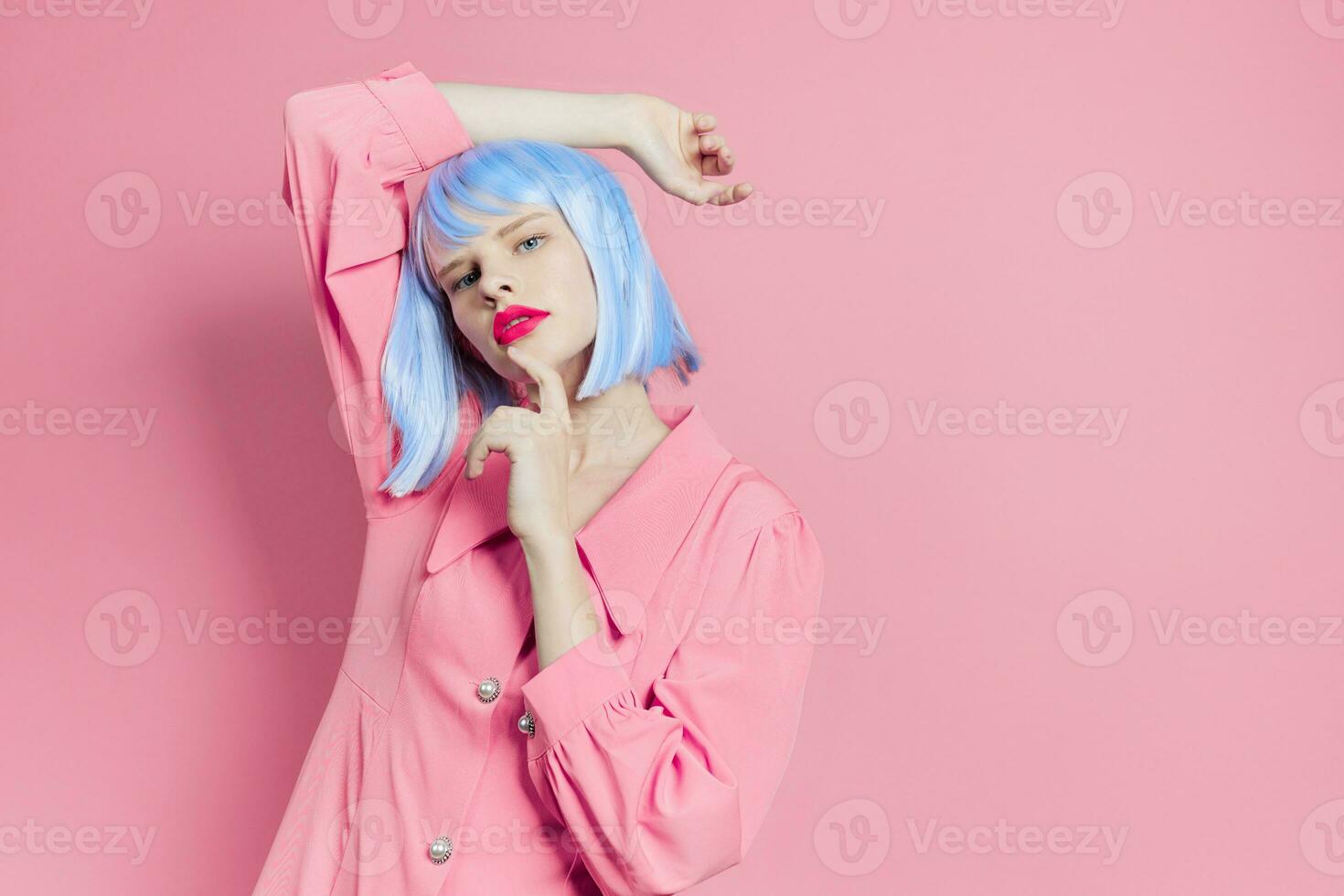 woman in blue wig pink dress red lips Lifestyle posing photo