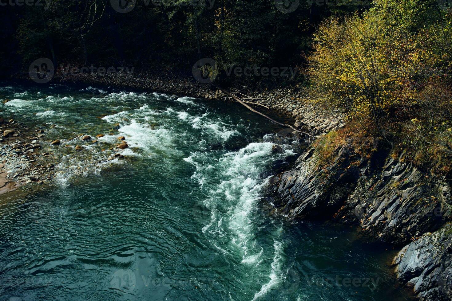 montañas en el bosque otoño río paisaje naturaleza Fresco aire foto