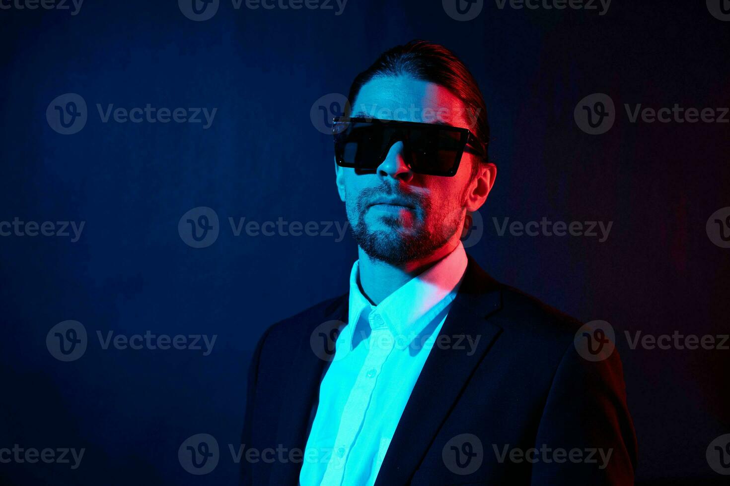 businessmen modern style suit fashion sunglasses dark background photo