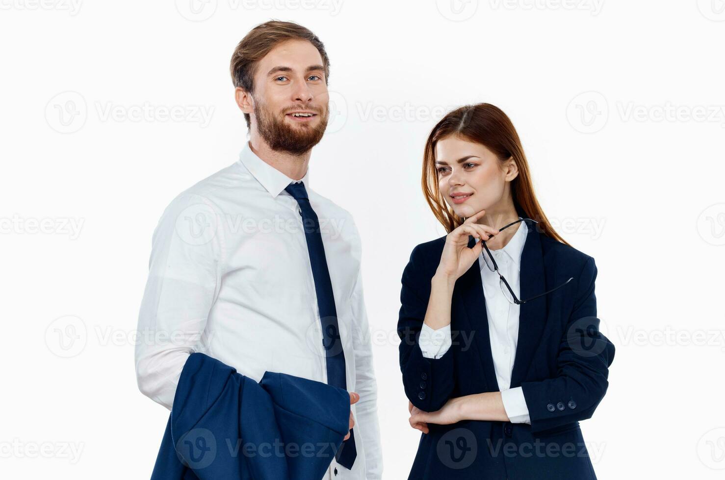 man and woman in suits working office professional photo