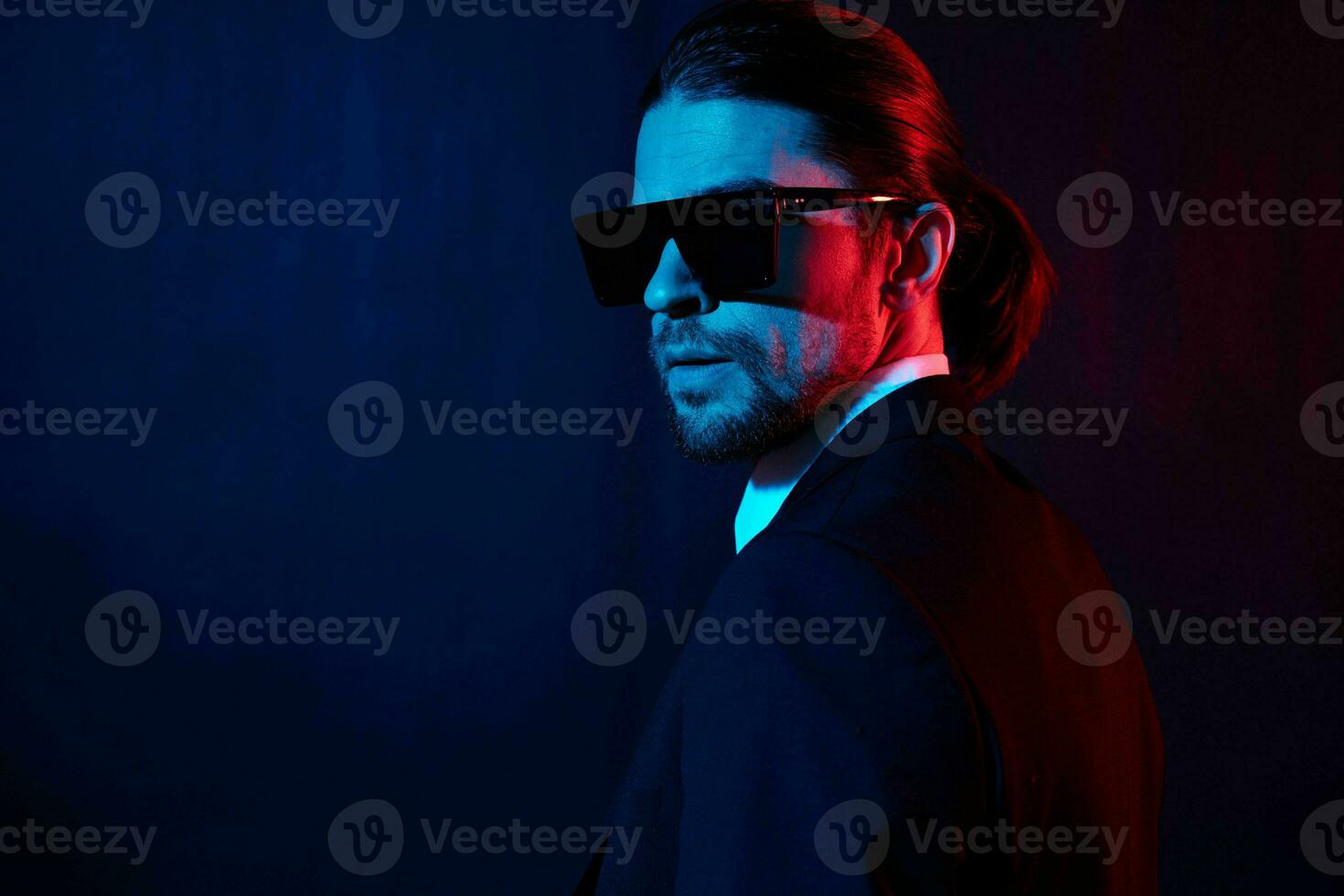 businessmen modern style suit fashion sunglasses dark background photo