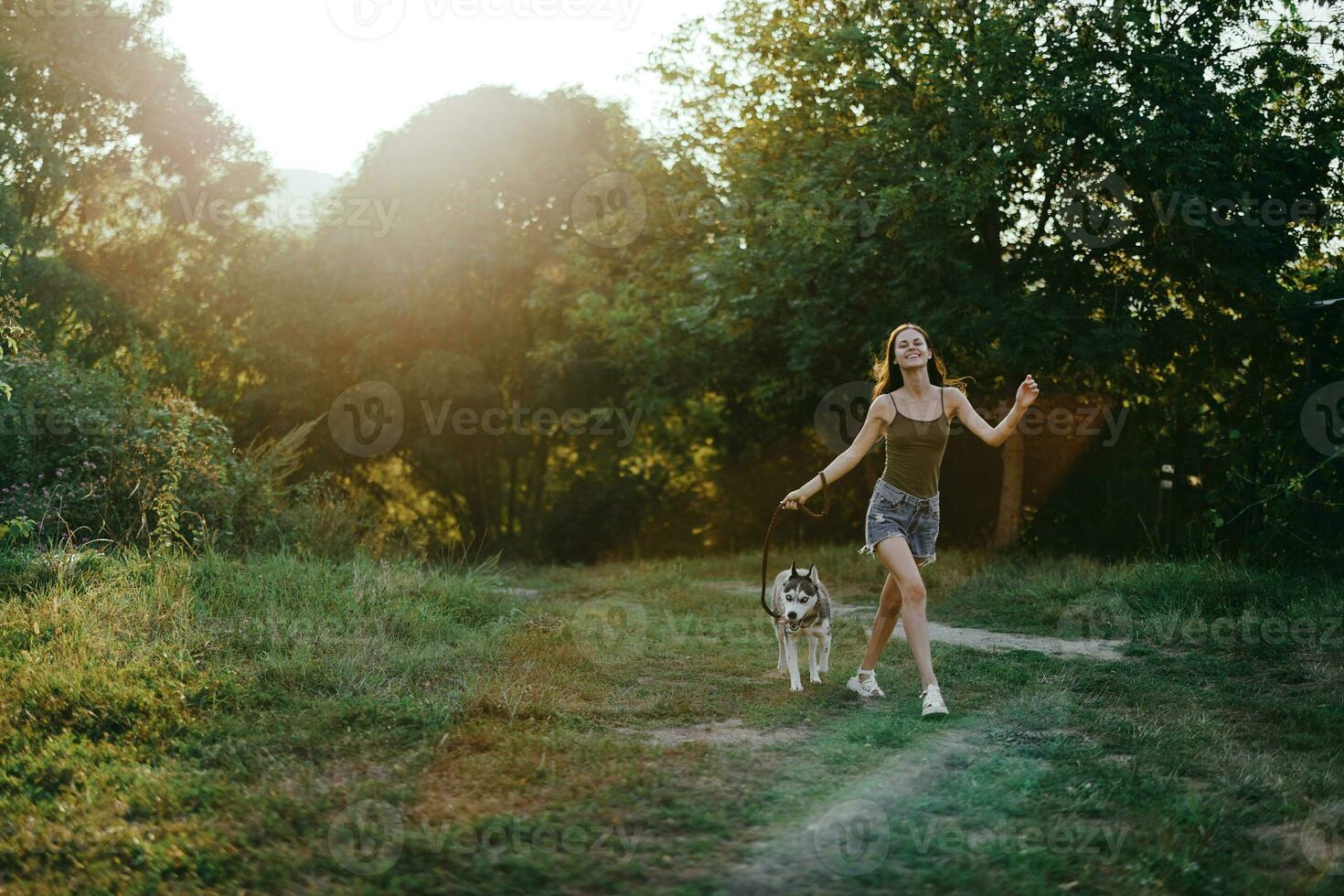 A woman runs with a dog in the forest during an evening walk in the forest at sunset in autumn. Lifestyle sports training with your beloved dog photo