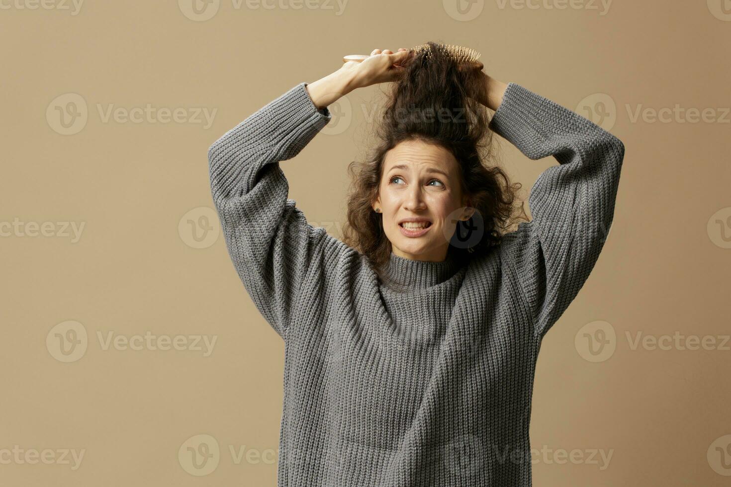 Problematic unruly damaged hair concept. Suffering curly beautiful woman in gray casual sweater with hairbrush comb pulls tangled hair up posing isolated on over beige pastel background. Copy space photo