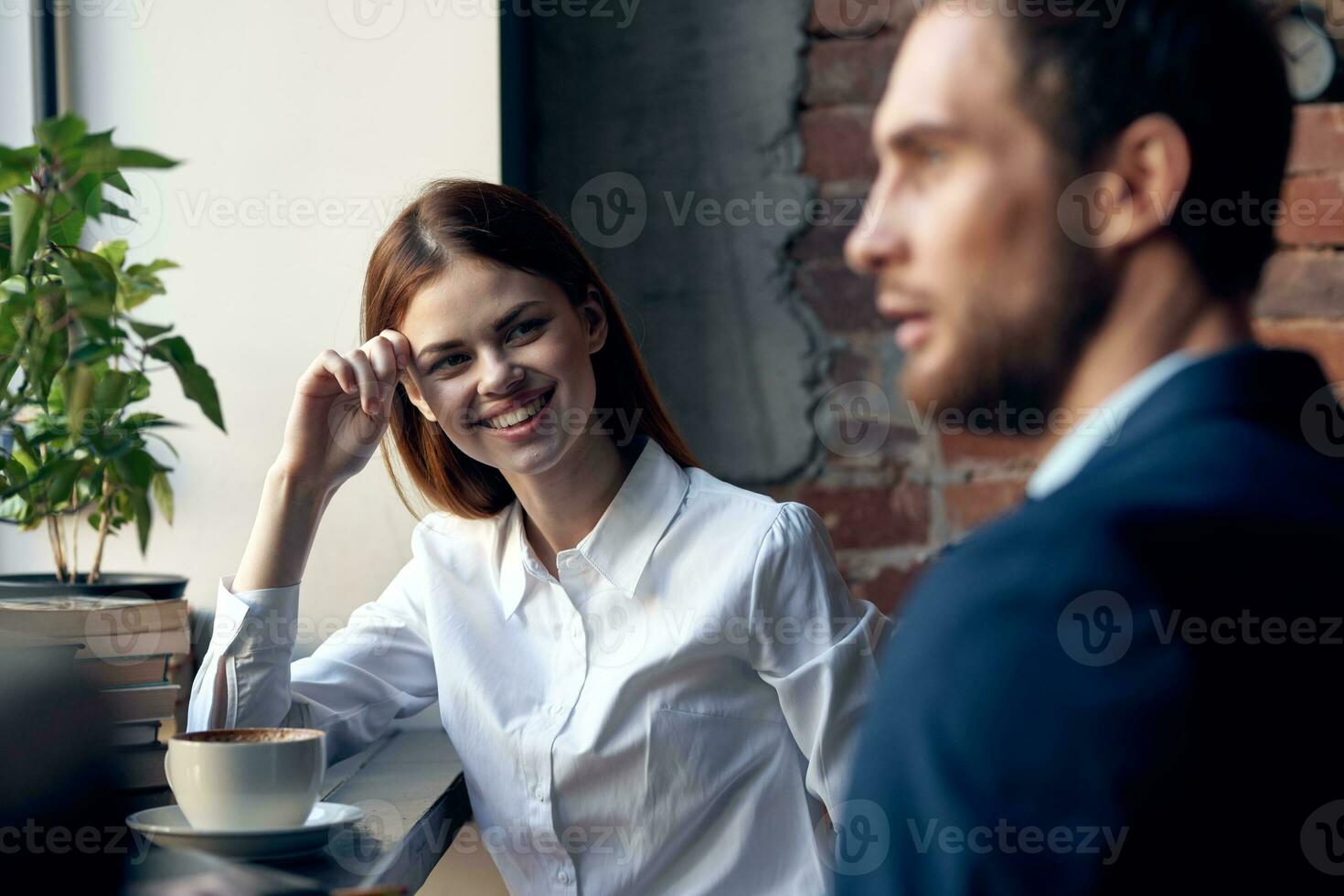 business man and woman communication fun breakfast recreation professional photo