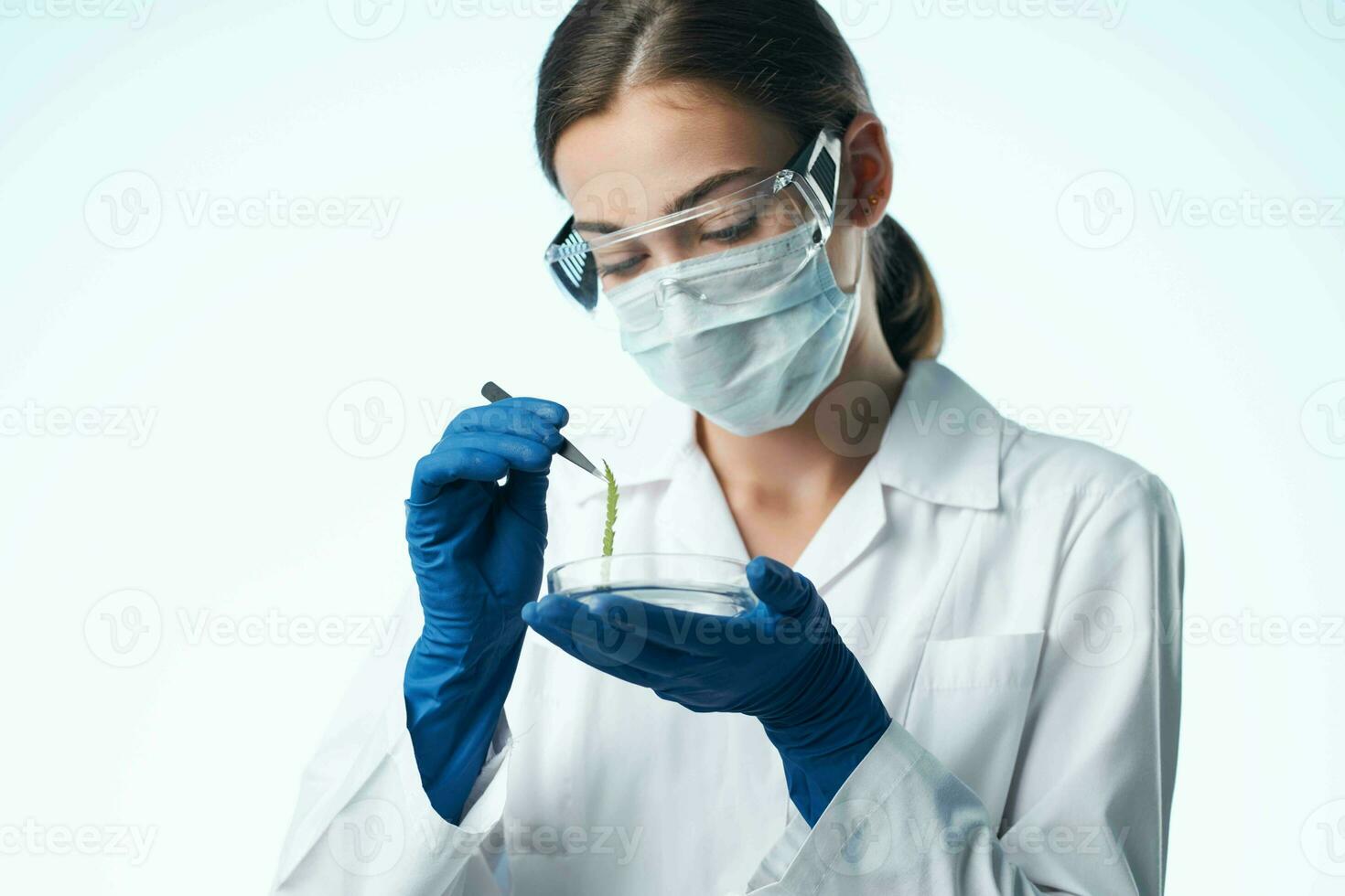 woman laboratory assistant medical mask research laboratory science photo