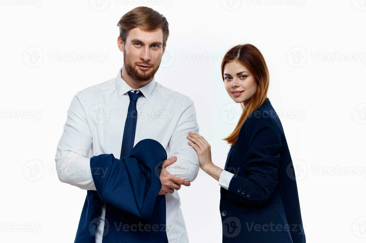 work colleagues are standing beside financial managers office light background photo