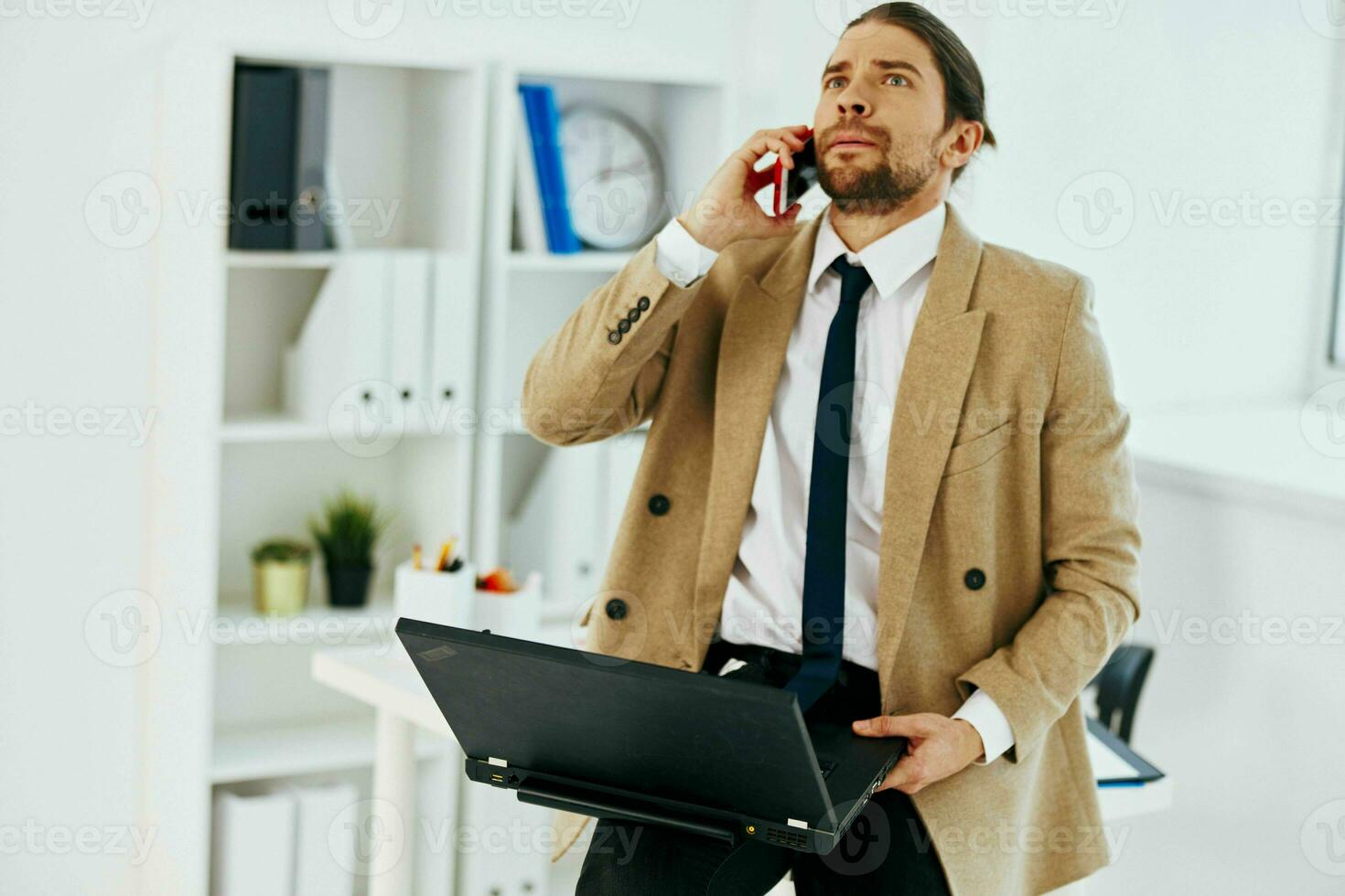 man in beige jacket official laptop work office executive photo