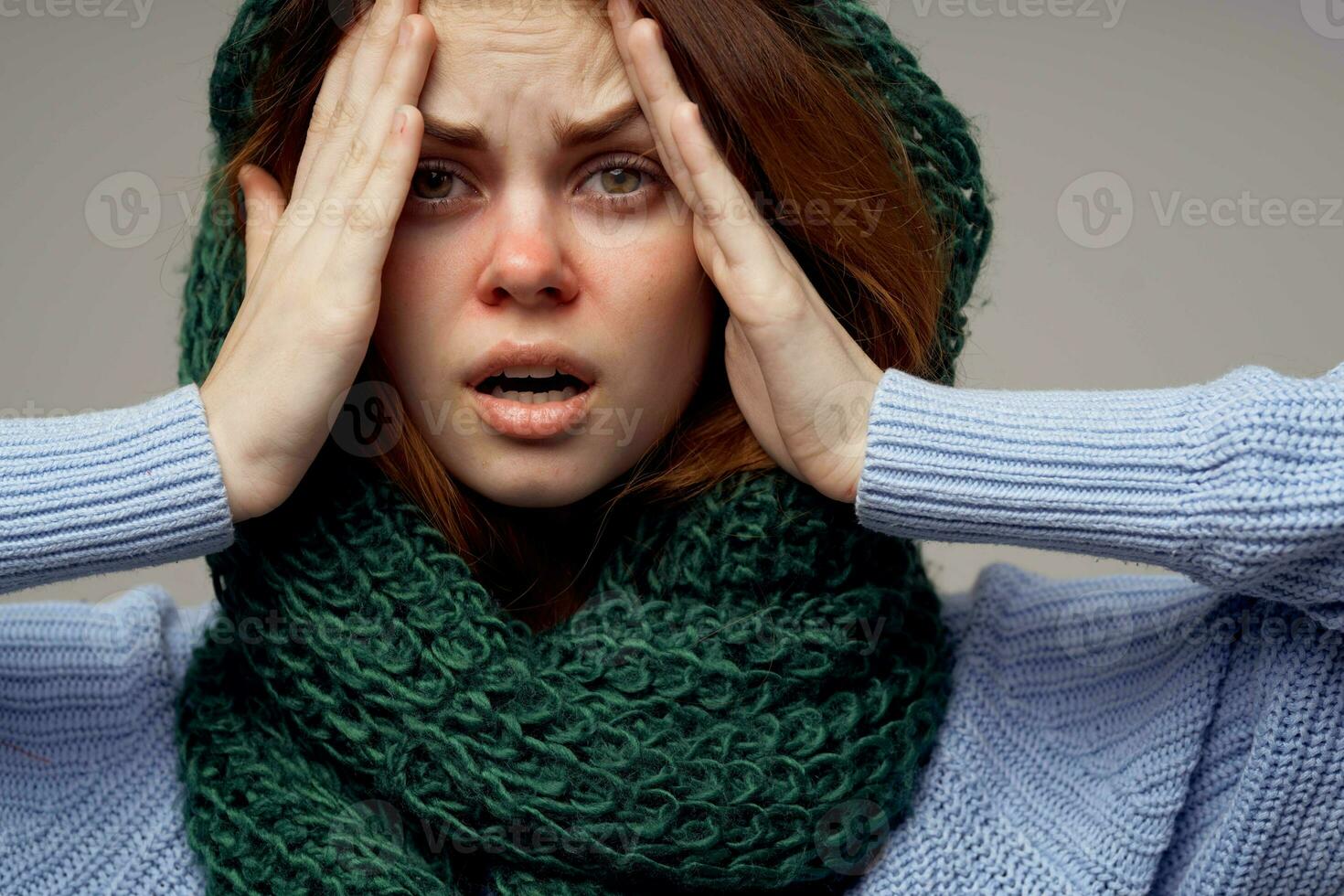 woman green scarf on the head close-up photo