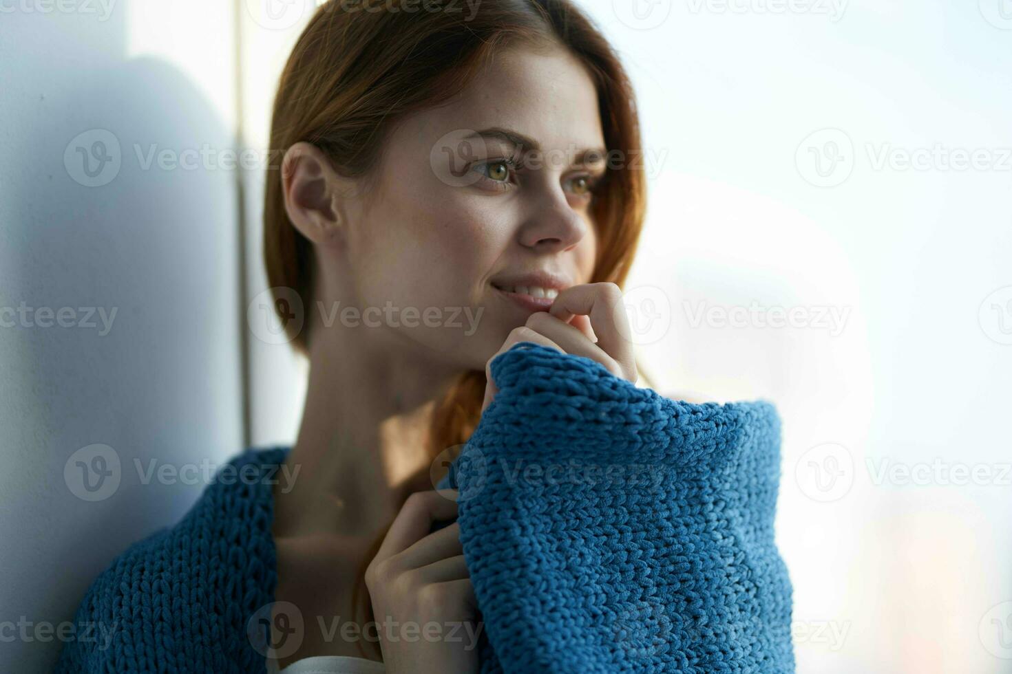 bonito mujer atractivo Mira con un azul tartán Mañana foto