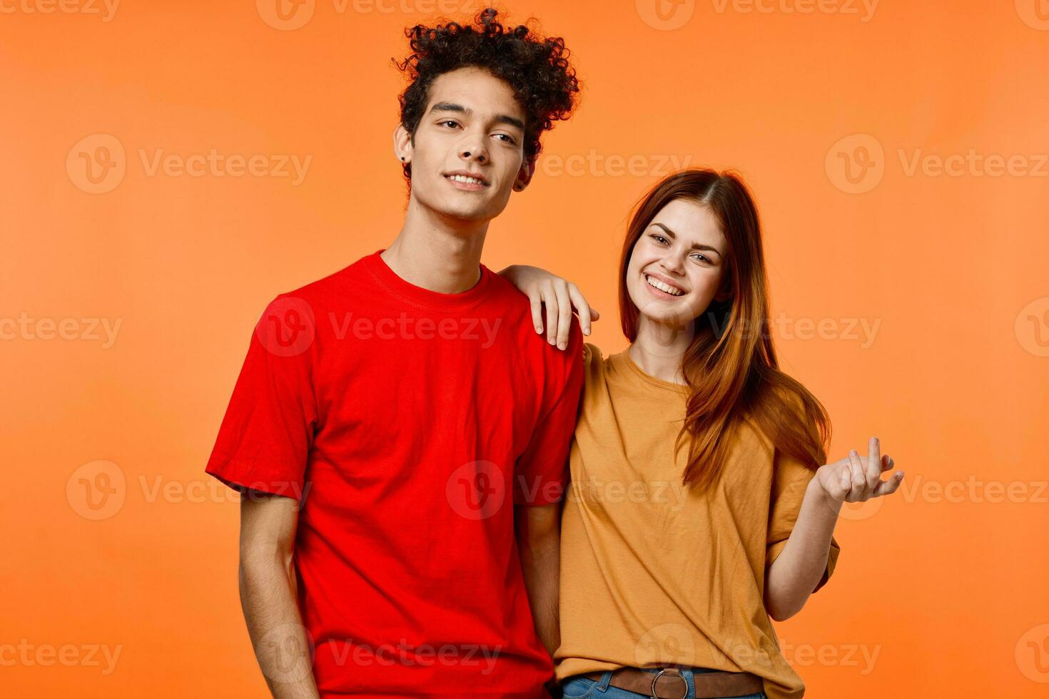 funny guy and girl in multicolored t-shirts modern style fashion photo