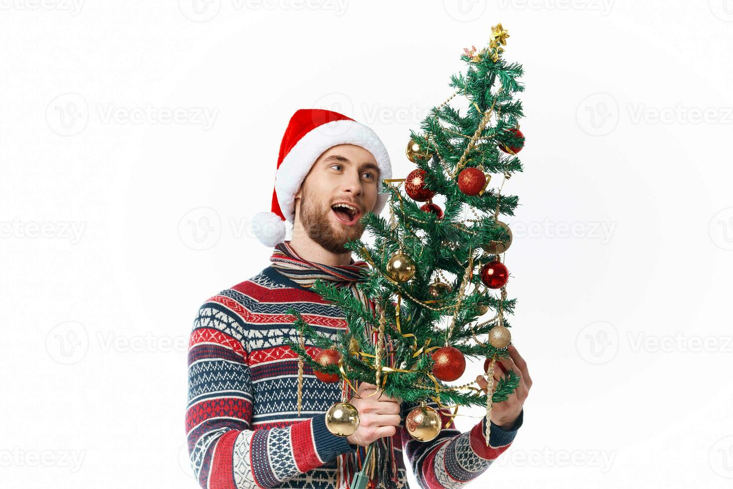 emotional man in New Year's clothes decoration christmas studio posing photo