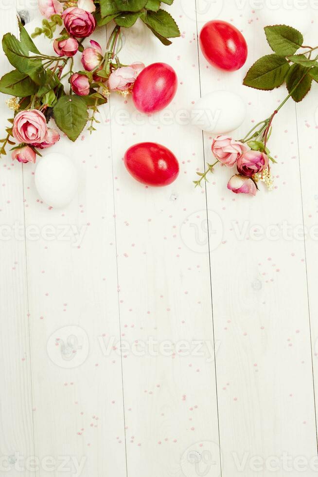flowers painted eggs decoration holiday light background Copy Space photo
