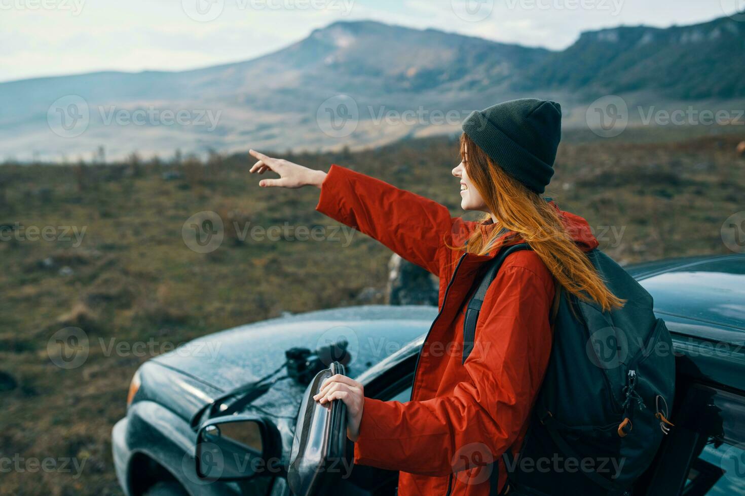 woman hiker travel backpack car mountains landscape photo