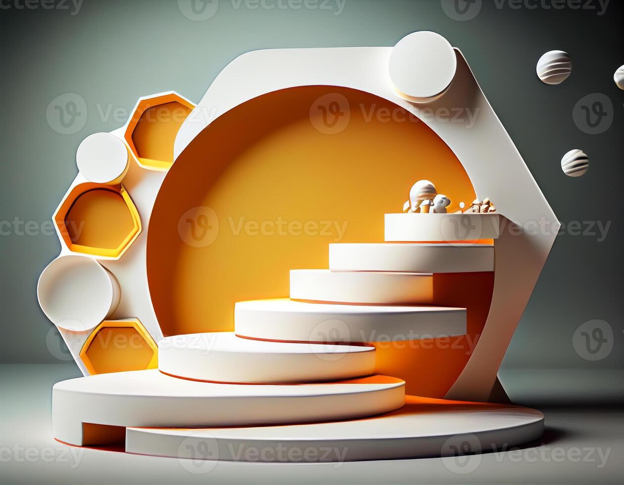Abstract 3d podium for product presentation with geometric shapes, Empty round podium,Platforms for product presentation with shadows and light background. photo