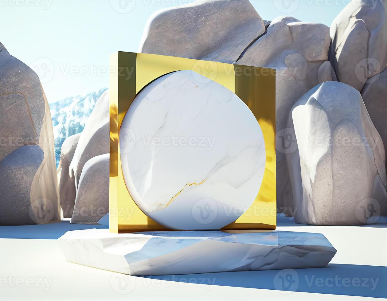 Abstract 3d podium for product presentation with geometric shapes, Empty round podium,Platforms for product presentation with shadows and light background. photo