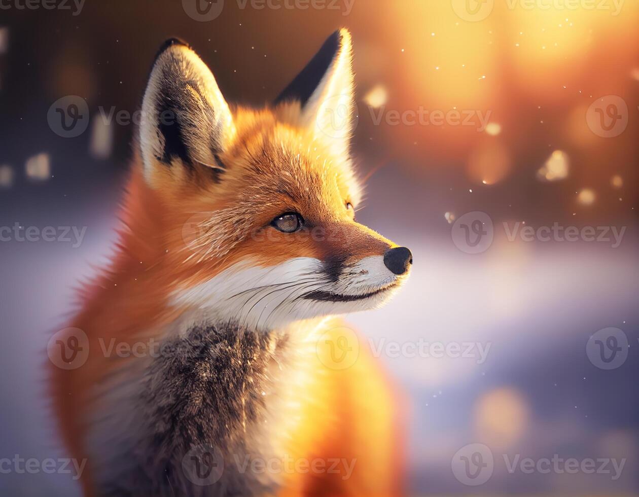Cute little fox in the forest,Cartoon fox animation fantasy style,Baby fox standing winter season background. photo