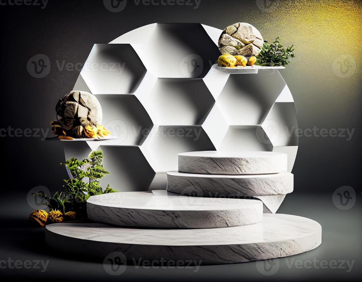 Abstract 3d podium for product presentation with geometric shapes, Empty round podium,Platforms for product presentation with shadows and light background. photo