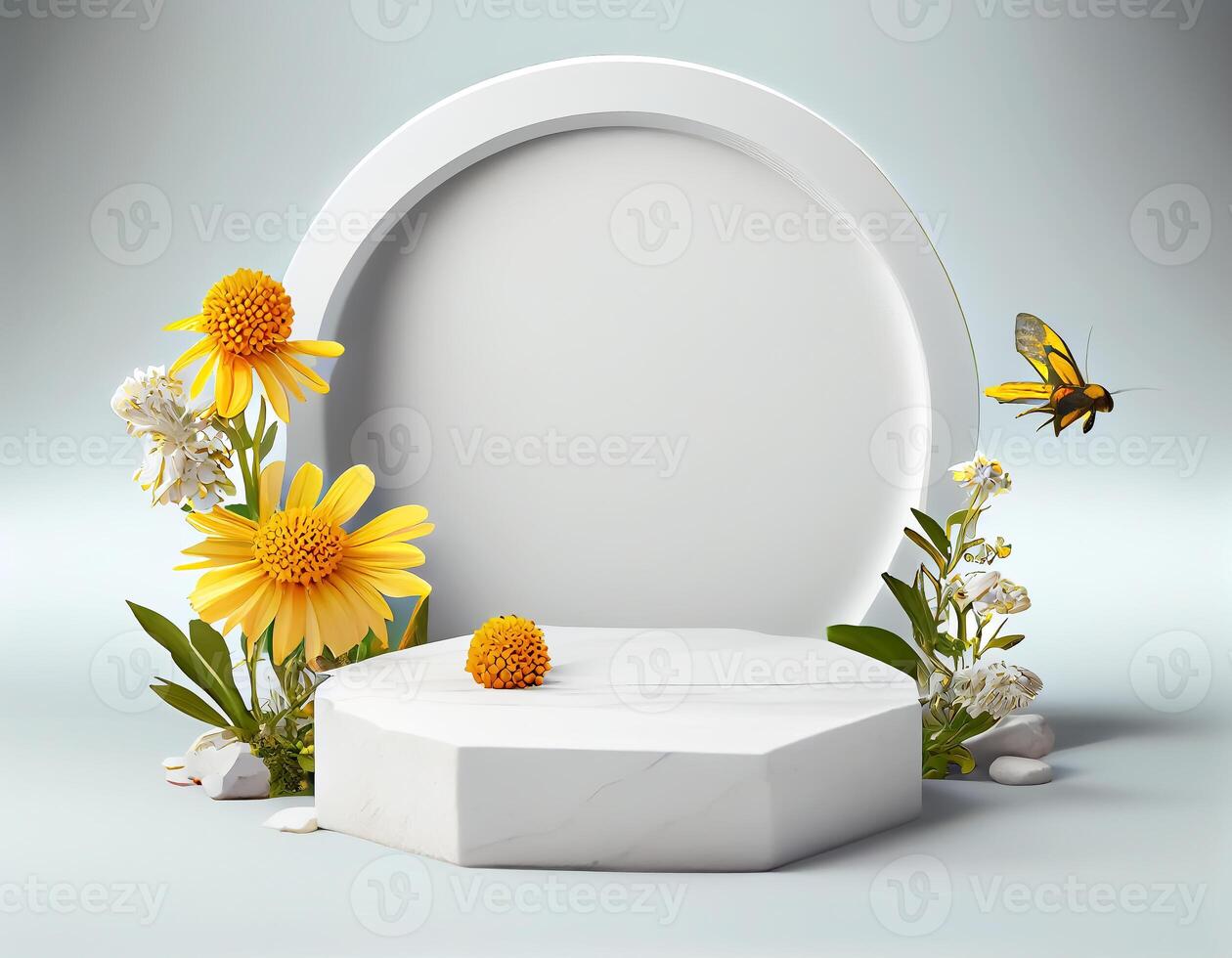 Abstract 3d podium for product presentation with geometric shapes, Empty round podium,Platforms for product presentation with shadows and light background. photo