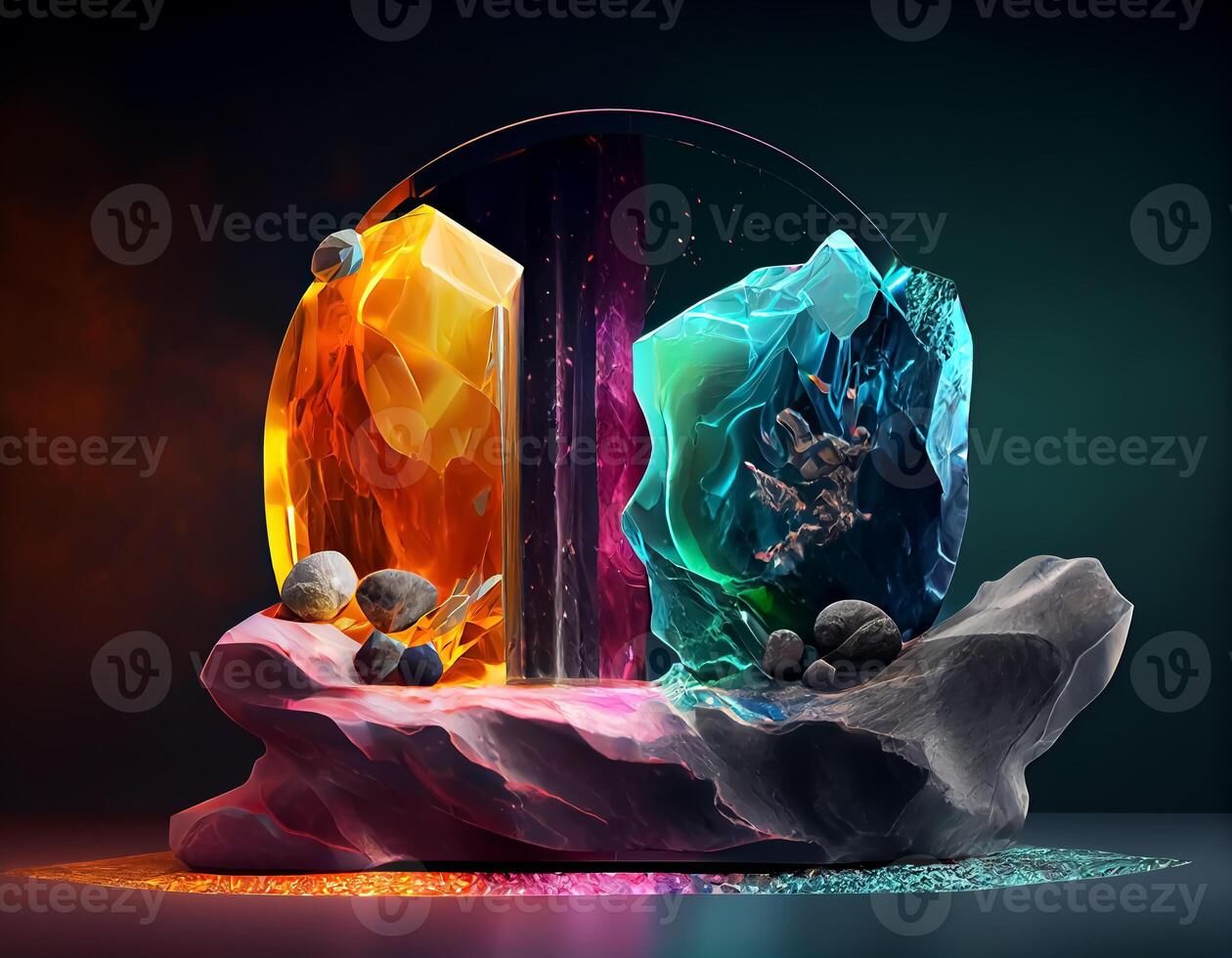 Abstract 3d podium for product presentation with geometric shapes, Empty round podium,Platforms for product presentation with shadows and light background. photo