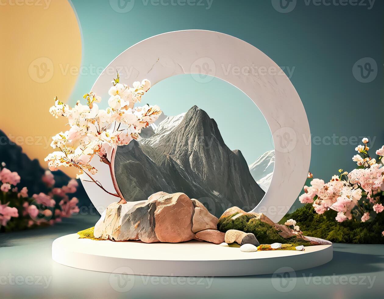 Abstract 3d podium for product presentation with geometric shapes, Empty round podium,Platforms for product presentation show new product background. photo