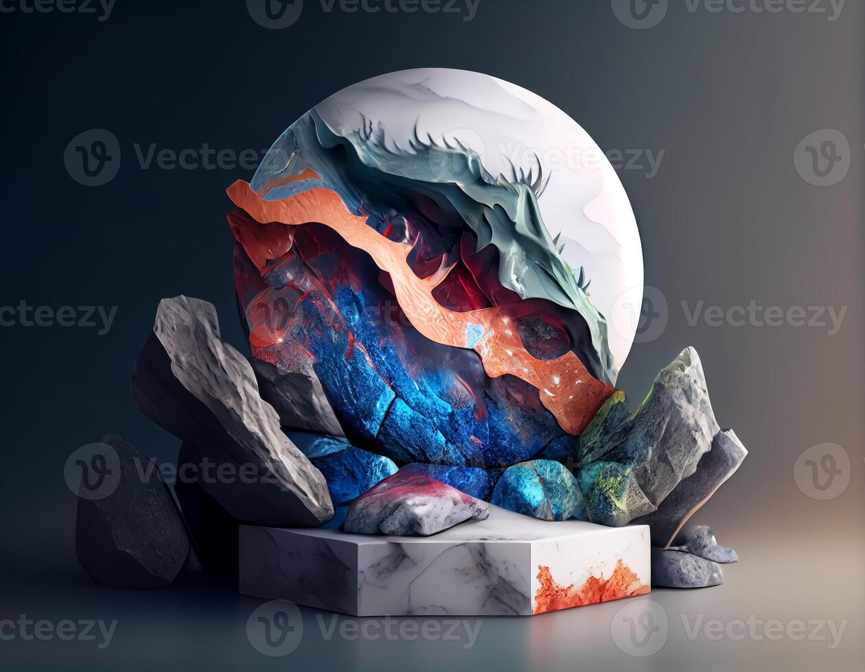 Abstract 3d podium for product presentation with geometric shapes, Empty round podium,Platforms for product presentation with shadows and light background. photo