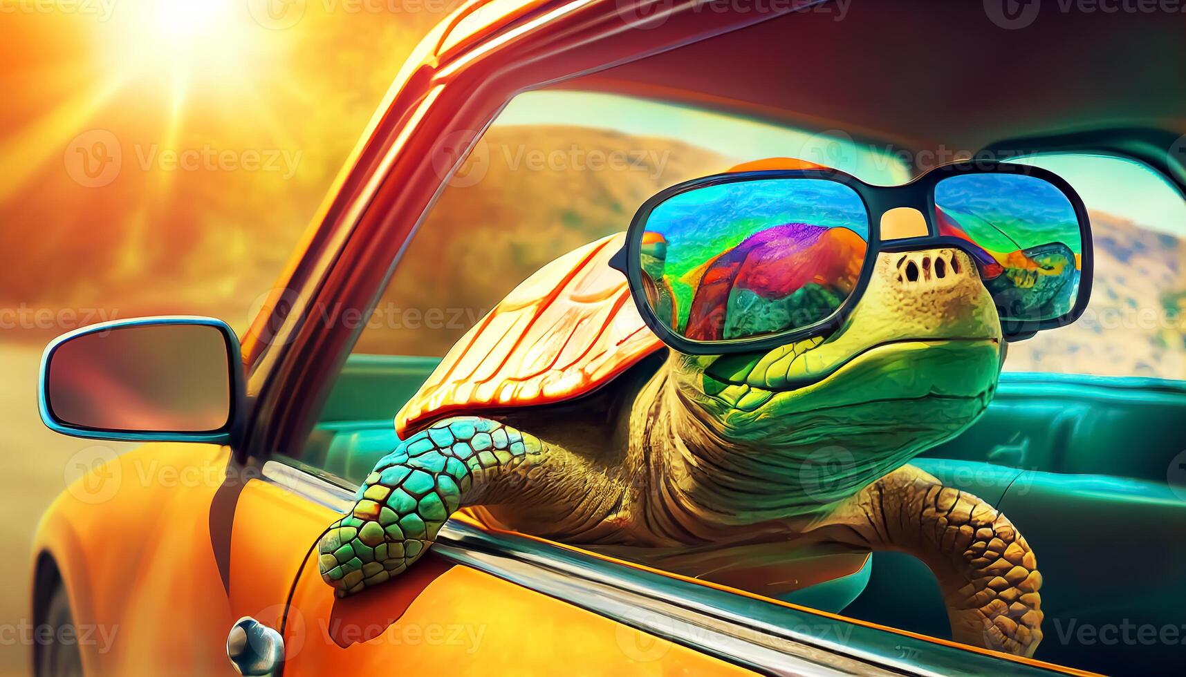 Cool turtle sunglasses looking with colorful summer background. photo