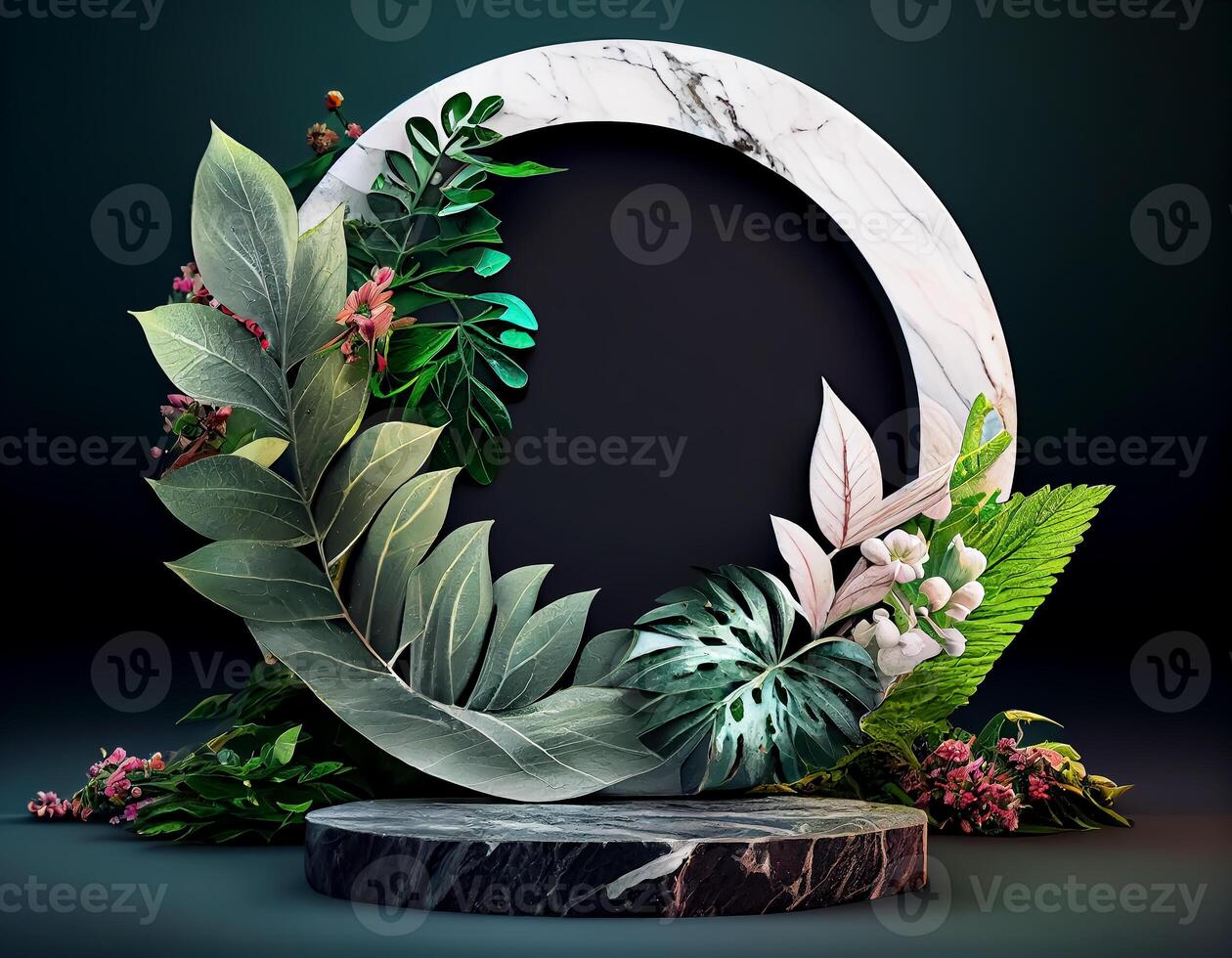 Abstract 3d podium for product presentation with geometric shapes, Empty round podium,Platforms for product presentation show new product background. photo