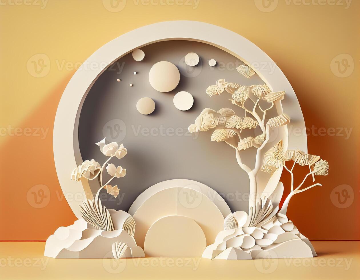 Abstract 3d podium for product presentation with geometric shapes, Empty round podium,Platforms for product presentation with shadows and light background. photo