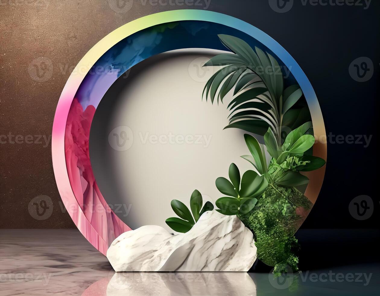 Abstract 3d podium for product presentation with geometric shapes, Empty round podium,Platforms for product presentation with shadows and light background. photo