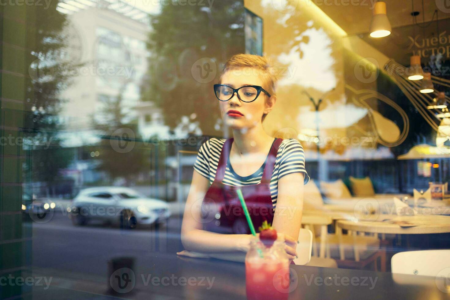 woman with short hair and cocktail restaurant leisure loneliness photo